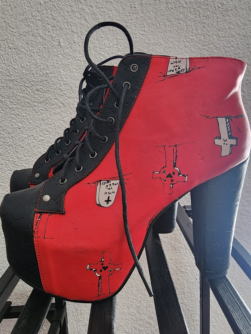 Iron Fist Red and Black Graphic Lace-Up Platform Ankle Boots
